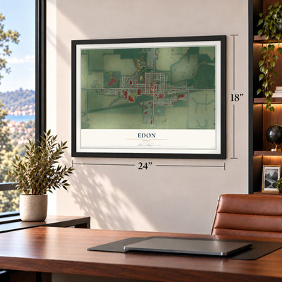 Edon, Ohio map, 18 x 24 inch print in a black frame in a home office