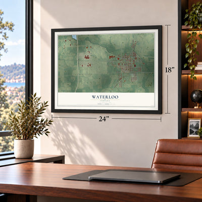 Waterloo, Indiana map, 18 x 24 inch print in a black frame in a home office
