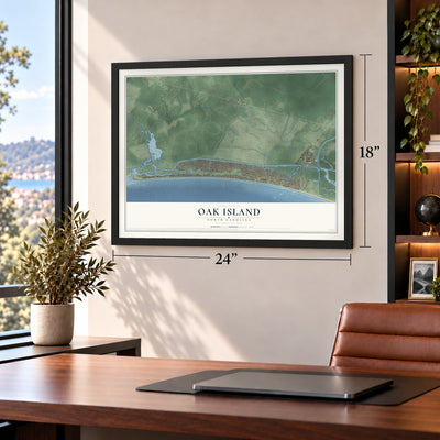 Oak Island, North Carolina map, 18 x 24 inch print in a black frame in a home office