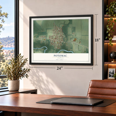 Potomac, Illinois map, 18 x 24 inch print in a black frame in a home office