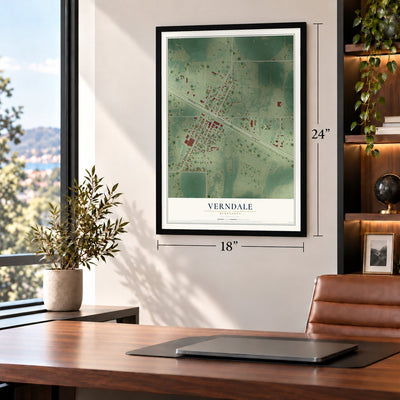 Verndale, Minnesota map, 18 x 24 inch print in a black frame in a home office