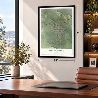 Orangeville, Utah map, 18 x 24 inch print in a black frame in a home office