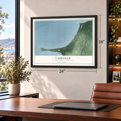Caseville, Huron County, Michigan map, 18 x 24 inch print in a black frame in a home office