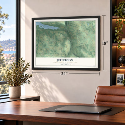 Jefferson, Mercer County, Pennsylvania map, 18 x 24 inch print in a black frame in a home office
