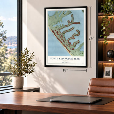 North Redington Beach, Florida map, 18 x 24 inch print in a black frame in a home office