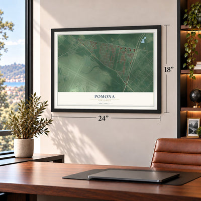 Pomona, New Jersey map, 18 x 24 inch print in a black frame in a home office