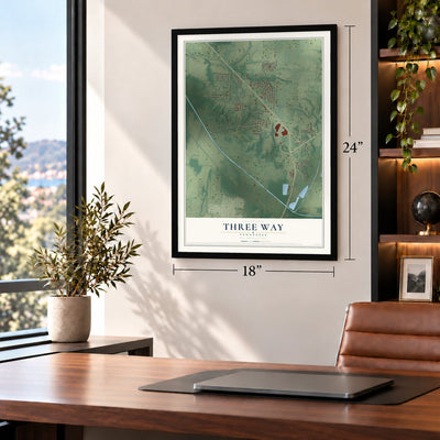 Three Way, Tennessee map, 18 x 24 inch print in a black frame in a home office