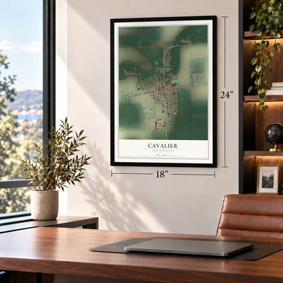 Cavalier, North Dakota map, 18 x 24 inch print in a black frame in a home office
