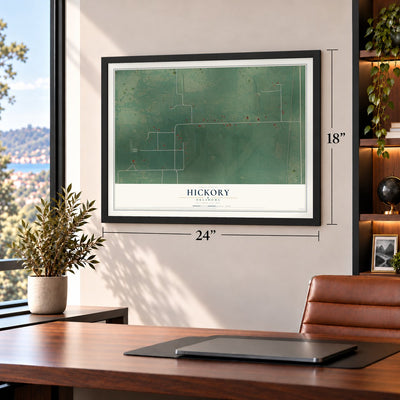 Hickory, Oklahoma map, 18 x 24 inch print in a black frame in a home office