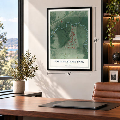 Pottawattamie Park, Indiana map, 18 x 24 inch print in a black frame in a home office
