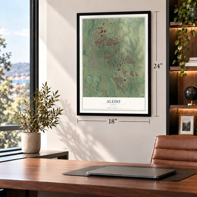 Aledo, Texas map, 18 x 24 inch print in a black frame in a home office
