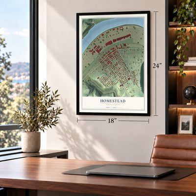 Homestead, Pennsylvania map, 18 x 24 inch print in a black frame in a home office