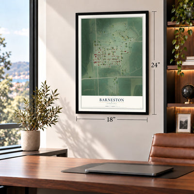 Barneston, Nebraska map, 18 x 24 inch print in a black frame in a home office