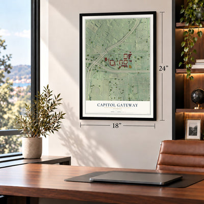 Capitol Gateway, Georgia map, 18 x 24 inch print in a black frame in a home office