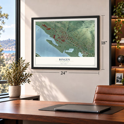 Bingen, Washington map, 18 x 24 inch print in a black frame in a home office