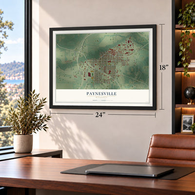 Paynesville, Minnesota map, 18 x 24 inch print in a black frame in a home office