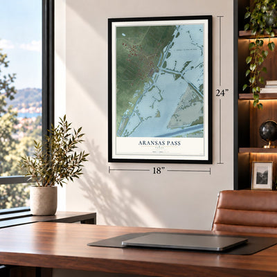 Aransas Pass, Texas map, 18 x 24 inch print in a black frame in a home office