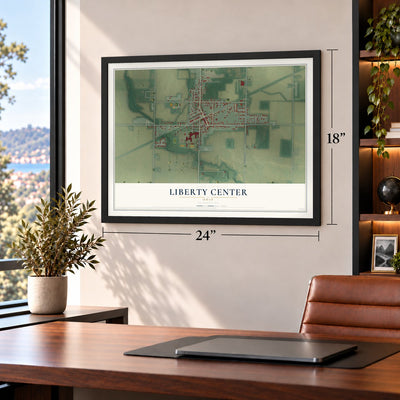 Liberty Center, Ohio map, 18 x 24 inch print in a black frame in a home office