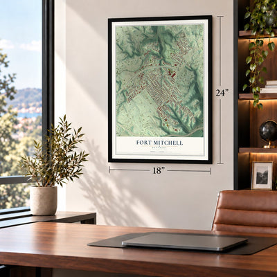 Fort Mitchell, Kentucky map, 18 x 24 inch print in a black frame in a home office