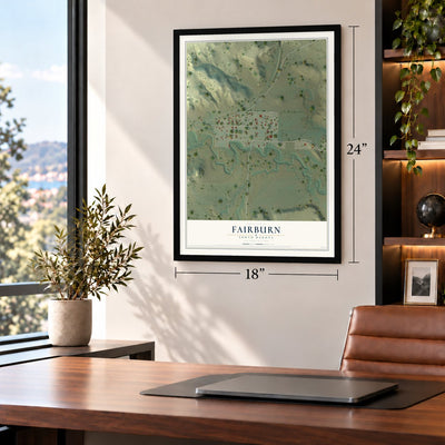 Fairburn, South Dakota map, 18 x 24 inch print in a black frame in a home office