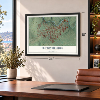 Clifton Heights, Pennsylvania map, 18 x 24 inch print in a black frame in a home office
