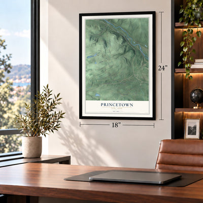 Princetown, New York map, 18 x 24 inch print in a black frame in a home office