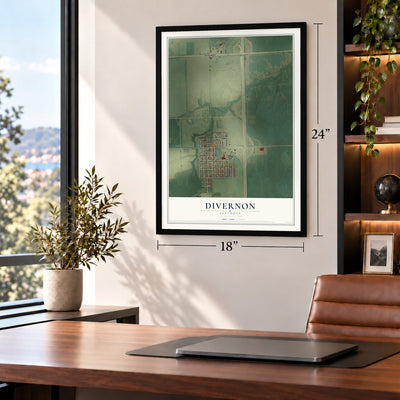 Divernon, Illinois map, 18 x 24 inch print in a black frame in a home office