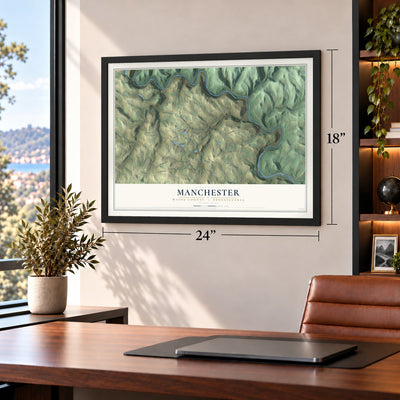 Manchester, Wayne County, Pennsylvania map, 18 x 24 inch print in a black frame in a home office