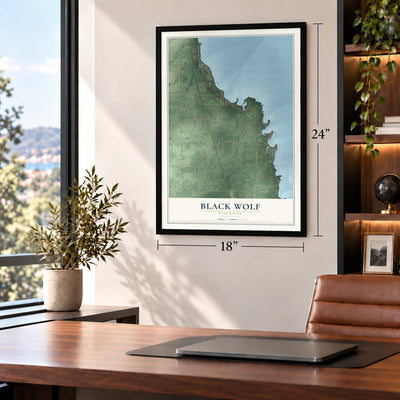 Black Wolf, Wisconsin map, 18 x 24 inch print in a black frame in a home office