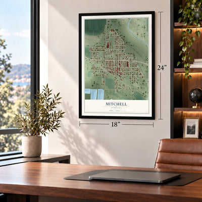 Mitchell, Nebraska map, 18 x 24 inch print in a black frame in a home office