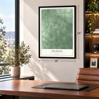 Franklin, Clare County, Michigan map, 18 x 24 inch print in a black frame in a home office