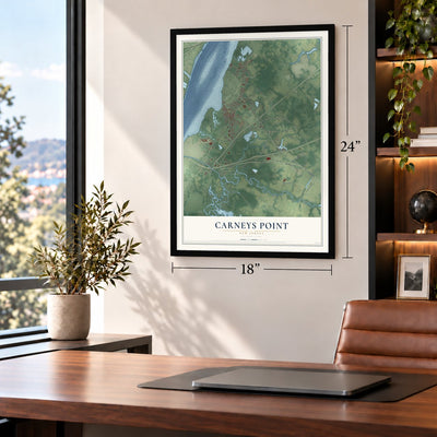 Carneys Point, New Jersey map, 18 x 24 inch print in a black frame in a home office