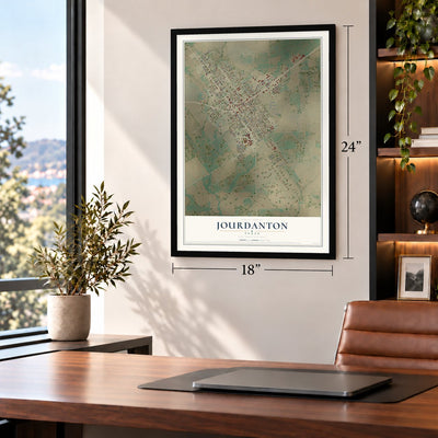 Jourdanton, Texas map, 18 x 24 inch print in a black frame in a home office
