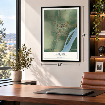 Adrian, Oregon map, 18 x 24 inch print in a black frame in a home office