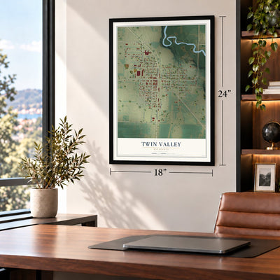 Twin Valley, Minnesota map, 18 x 24 inch print in a black frame in a home office