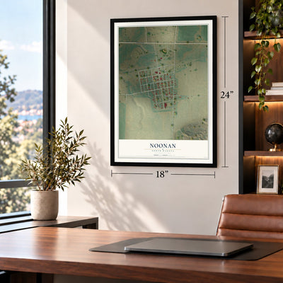 Noonan, North Dakota map, 18 x 24 inch print in a black frame in a home office