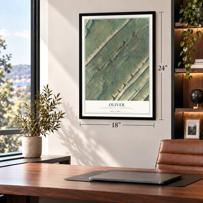 Oliver, Mifflin County, Pennsylvania map, 18 x 24 inch print in a black frame in a home office