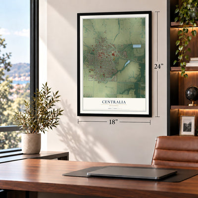Centralia, Missouri map, 18 x 24 inch print in a black frame in a home office