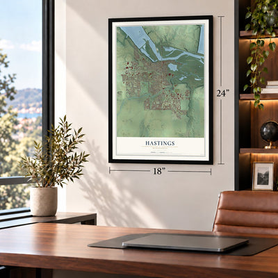 Hastings, Minnesota map, 18 x 24 inch print in a black frame in a home office