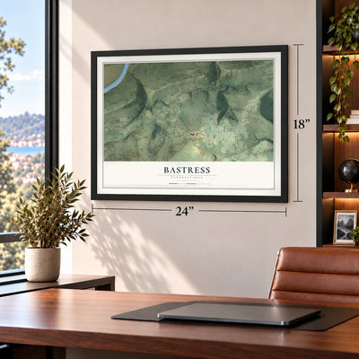 Bastress, Pennsylvania map, 18 x 24 inch print in a black frame in a home office