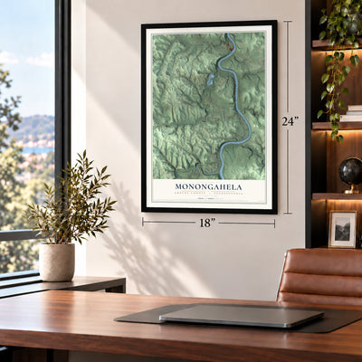 Monongahela, Greene County, Pennsylvania map, 18 x 24 inch print in a black frame in a home office