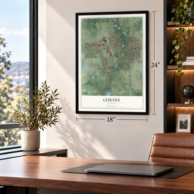 Gurnee, Illinois map, 18 x 24 inch print in a black frame in a home office