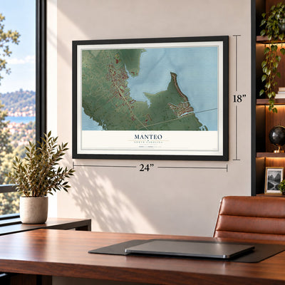 Manteo, North Carolina map, 18 x 24 inch print in a black frame in a home office