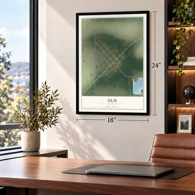 Ulm, Arkansas map, 18 x 24 inch print in a black frame in a home office