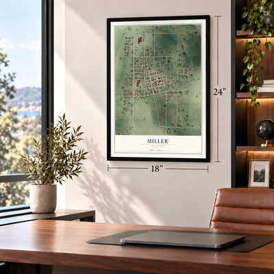 Miller, Missouri map, 18 x 24 inch print in a black frame in a home office