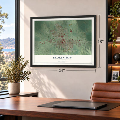 Broken Bow, Nebraska map, 18 x 24 inch print in a black frame in a home office