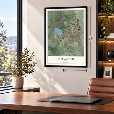 Lake Zurich, Illinois map, 18 x 24 inch print in a black frame in a home office