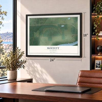Moffett, Oklahoma map, 18 x 24 inch print in a black frame in a home office