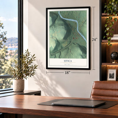 Utica, Pennsylvania map, 18 x 24 inch print in a black frame in a home office