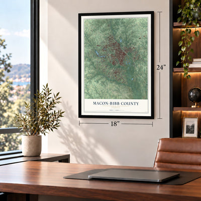 Macon-Bibb County, Georgia map, 18 x 24 inch print in a black frame in a home office